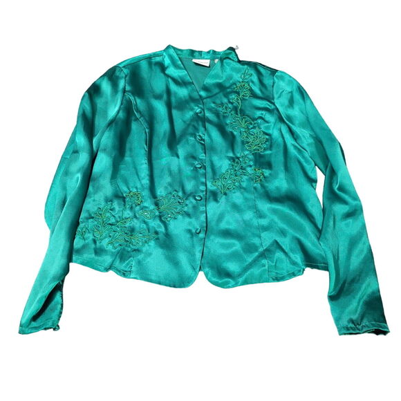 Covington Petite Womens Button Up Blouse Green Size PM 100% Polyester V-Neck - Picture 1 of 12